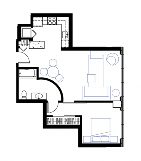Floor plan for 1 bed, 1 bath, 699 sqft